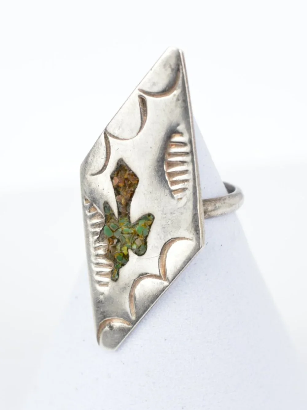 Vintage Navajo Sterling Silver Peyote Bird Waterbird Chip Inlay Ring Size 3.5